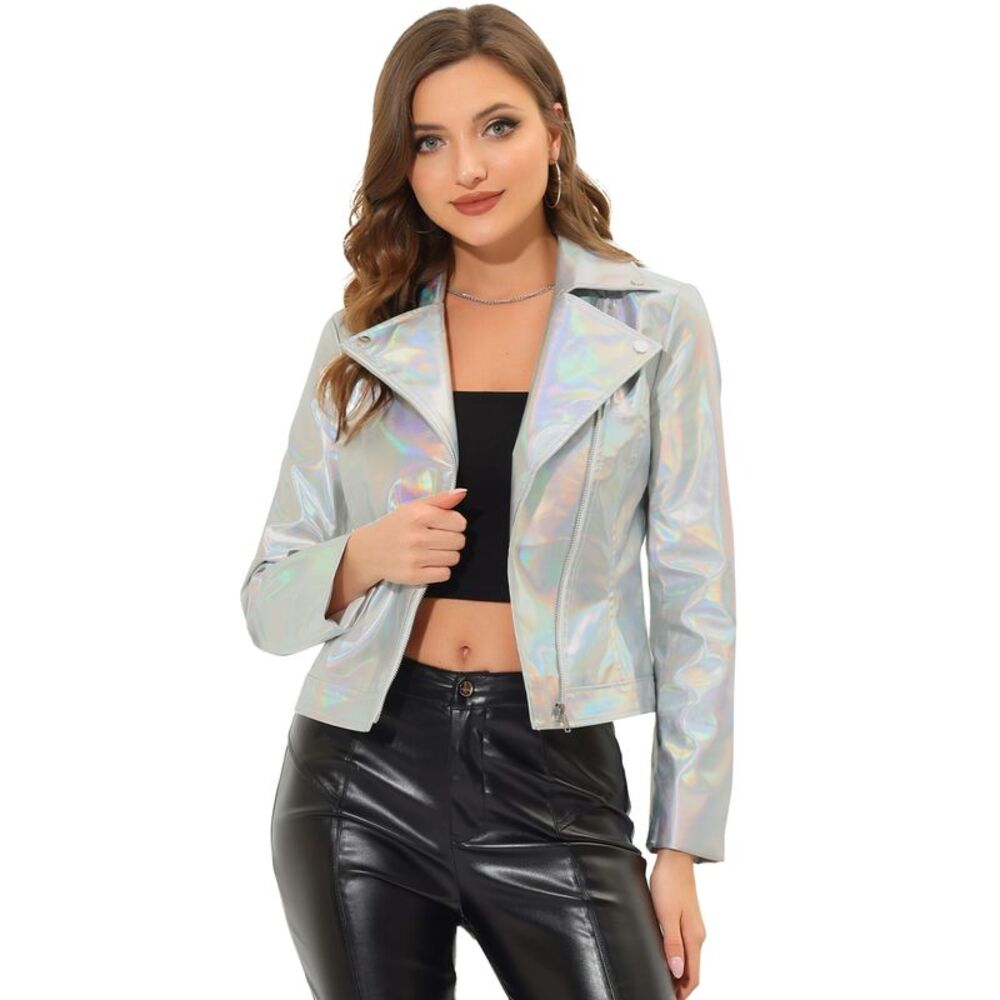 Metallic Jacket Biker Holographic Shiny Jackets Silver